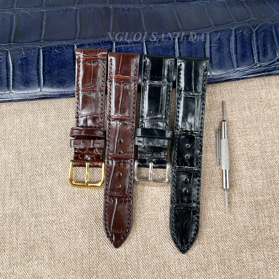 Dây đồng hồ da cá sấu vân đốt tre màu nâu