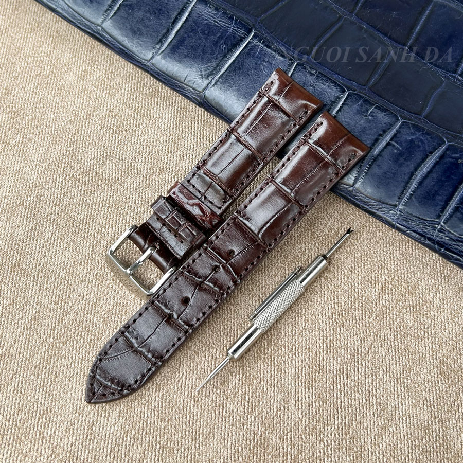 Dây đồng hồ da cá sấu vân đốt tre màu nâu