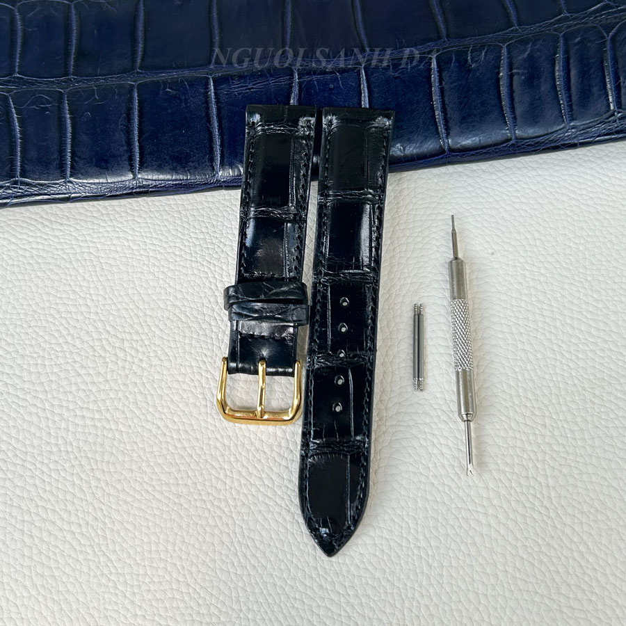 Dây đồng hồ da cá sấu vân bụng màu đen