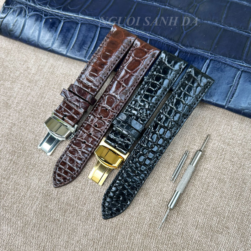 Dây đồng hồ da cá sấu vân hạt khóa bướm