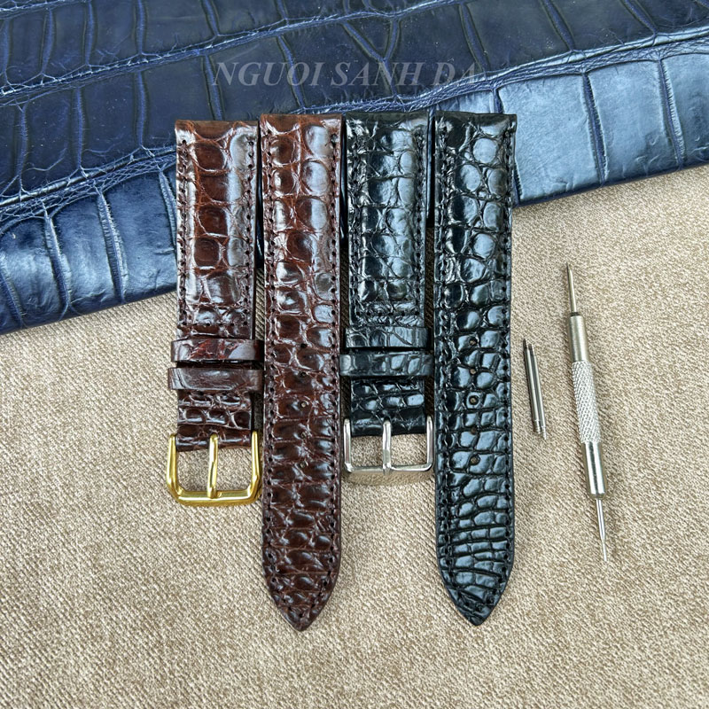 Dây đồng hồ da cá sấu cao cấp màu đen