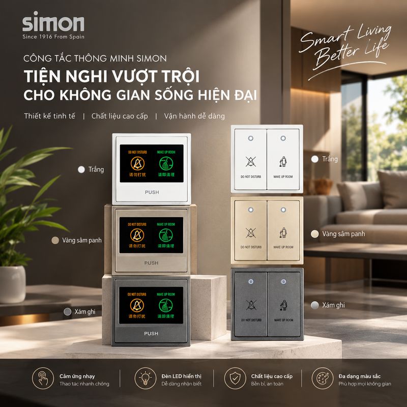 Bộ công tắc và nút nhấn chuông hiển thị không làm phiền và mời dọn phòng Simon i7 dành cho khách sạn- Giải pháp dành cho khách sạn 