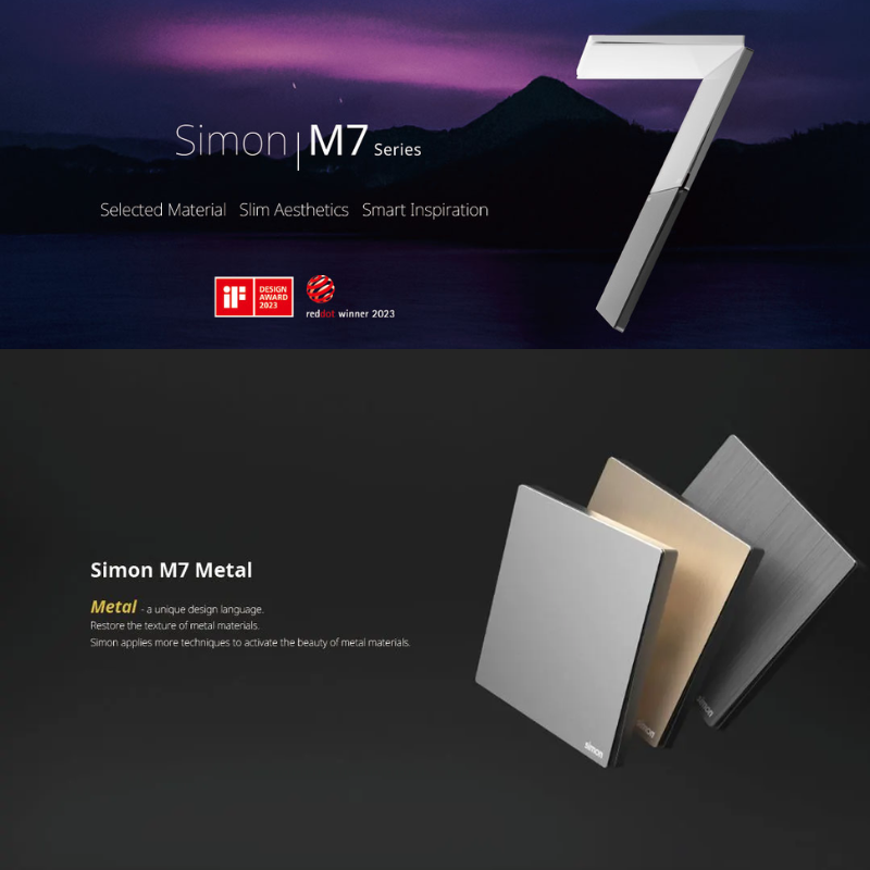 Công tắc ổ cắm tràn viền mặt vuông kim loại siêu mỏng Simon M7 Metal