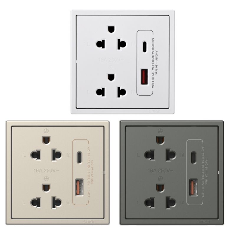 Ổ cắm đôi kèm cổng sạc USB và cổng sạc Type C Simon 