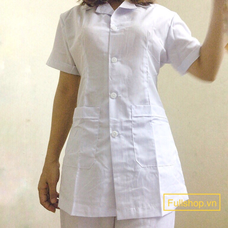 Mẫu áo blouse màu trắng tay ngắn viền xanh | May đồng phục Việt