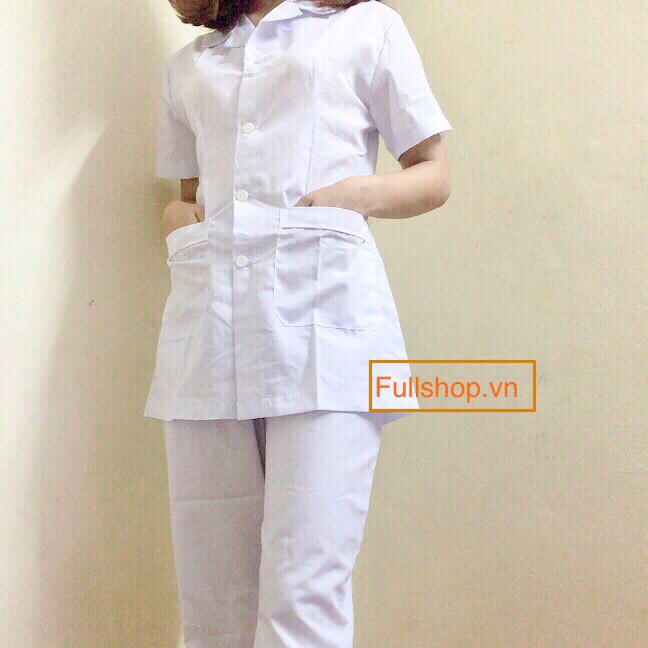 Bộ quần áo Blouse trắng tay ngắn cho y tá điều dưỡng (kèm nón) - Y Dược