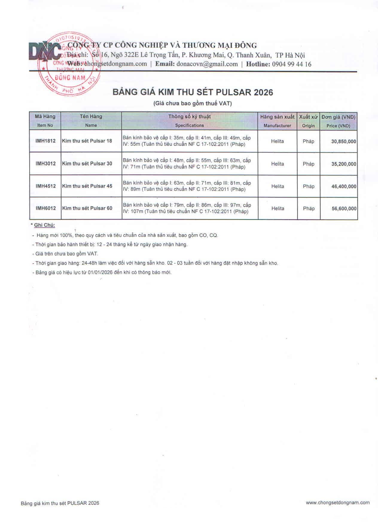 Bảng báo giá kim thu sét Pulsar 2026