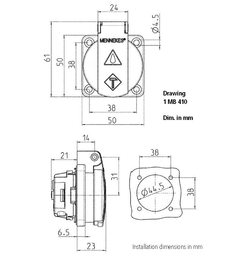 Ổ cắm công nghiệp SCHUKO loại có nắp 1 Pha - 16A - 3 chân - IP54 - Mã 11031