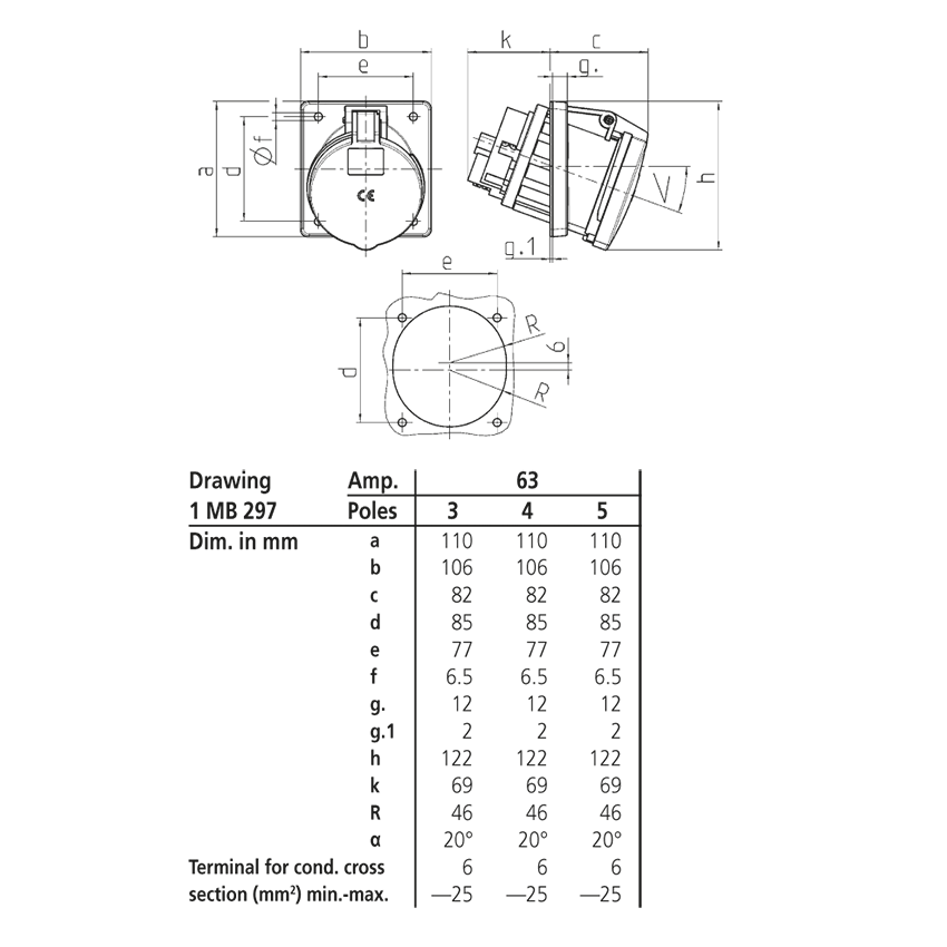 Ổ cắm công nghiệp gắn âm không kín nước, góc nghiêng 20 độ 3Pha-  63A - 4 chân - IP44 , mã 1151A