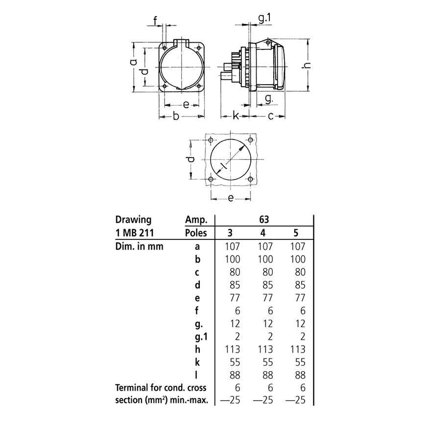 Ổ cắm công nghiệp gắn âm không kín nước, dạng thẳng 1Pha-  63A - 3 chân - IP44 , mã 1261A