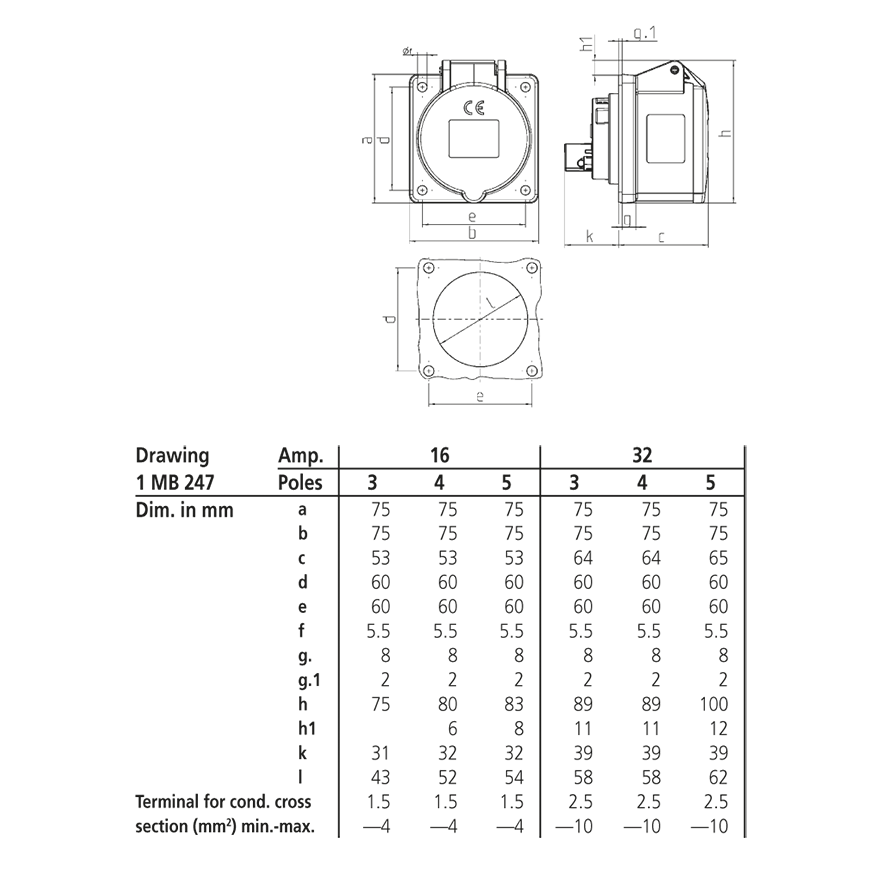 Ổ cắm công nghiệp gắn âm không kín nước, dạng thẳng 3Pha-  16A - 5 chân - IP44 , mã 1385
