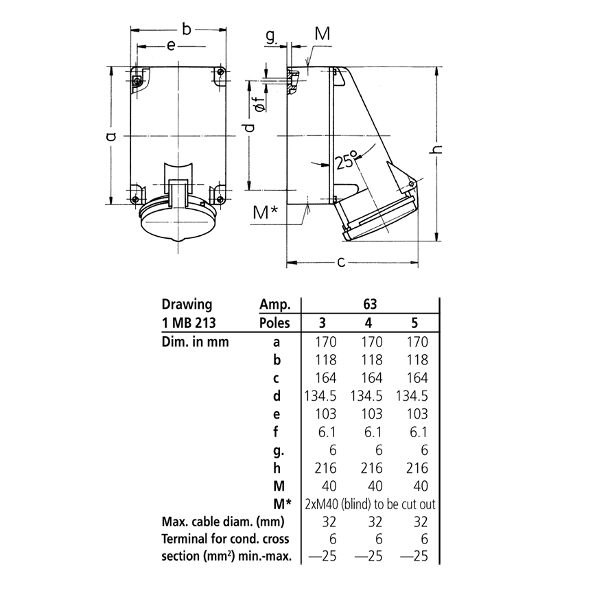 Ổ cắm công nghiệp không kín nước 1Pha-  63A - 3 chân - IP44 , mã 1137A