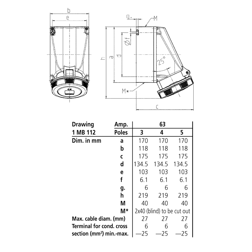 Ổ cắm công nghiệp CEE kín nước 1Pha-  63A - 3 chân - IP67 , mã 128A