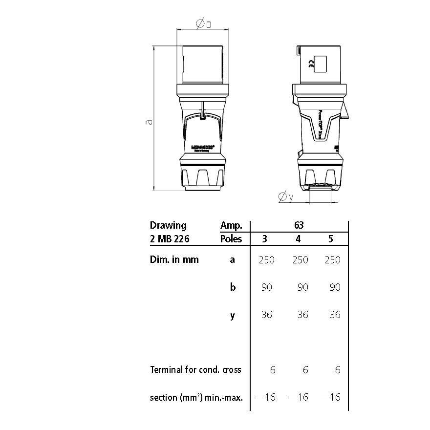 Phích cắm công nghiệp CEE, Mennekes không kín nước 1 Pha - 63A - 3 chân - IP 44 - Mã 3212
