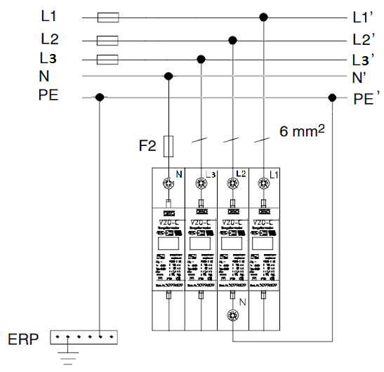 Sơ đồ lắp đặt thiết bị cắt lọc sét 3 pha V20-C4-280 OBO Đức