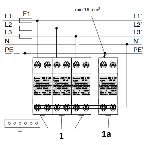  sơ đồ lắp đặt thiết bị chống sét nguồn điện MC 50-B 3+1 obo Đức