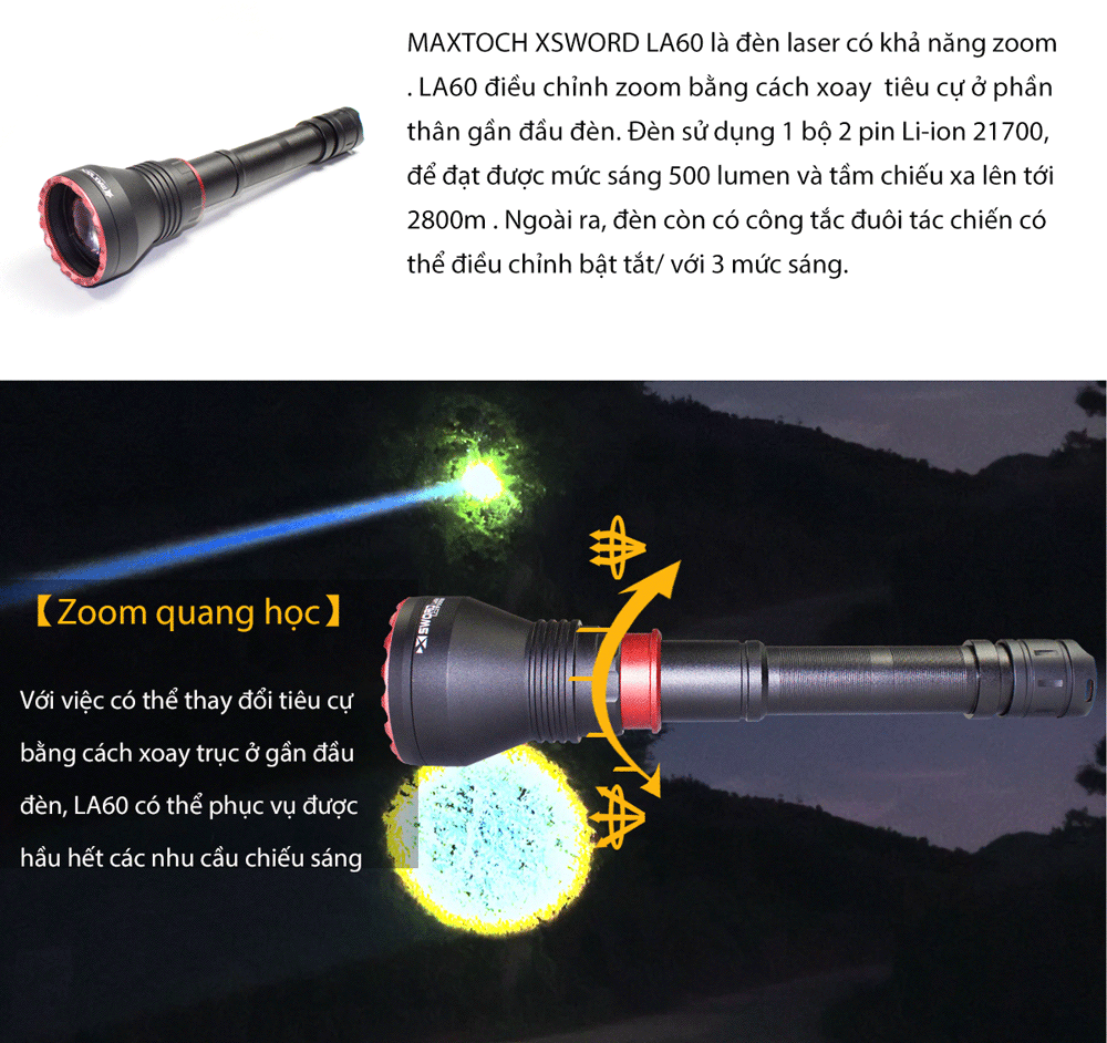 Đèn zoom laser trắng MAXTOCH LA60 tầm chiếu siêu xa 2800m độ sáng 500 lumen 5000 mAh