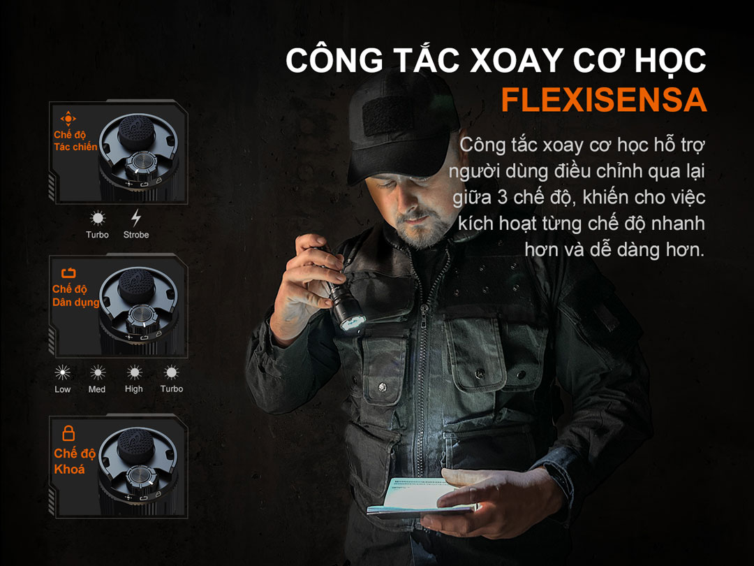 Đèn pin chiến thuật FENIX TK22R trang bị công tắc xoay cơ học có thể điều chỉnh nấc sáng và chế độ  nhanh.