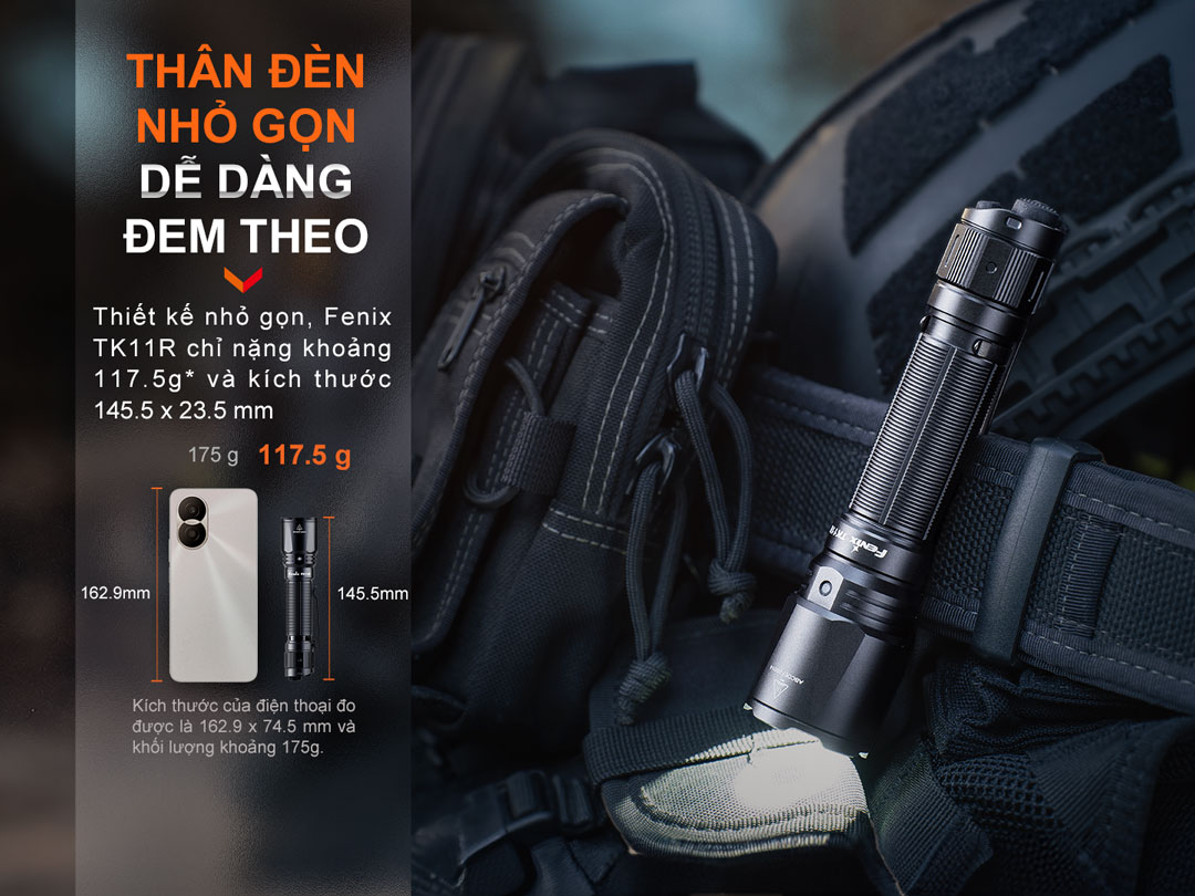 Đèn pin FENIX TK11R 117,5 gram kích thước 145,5x23,5mm