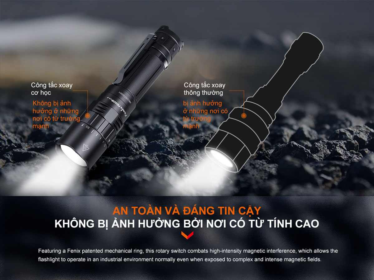 Đèn pin FENIX PD40R V3.0 với công tắc xoay, hoạt động tốt ở những nơi có từ trường mạnh