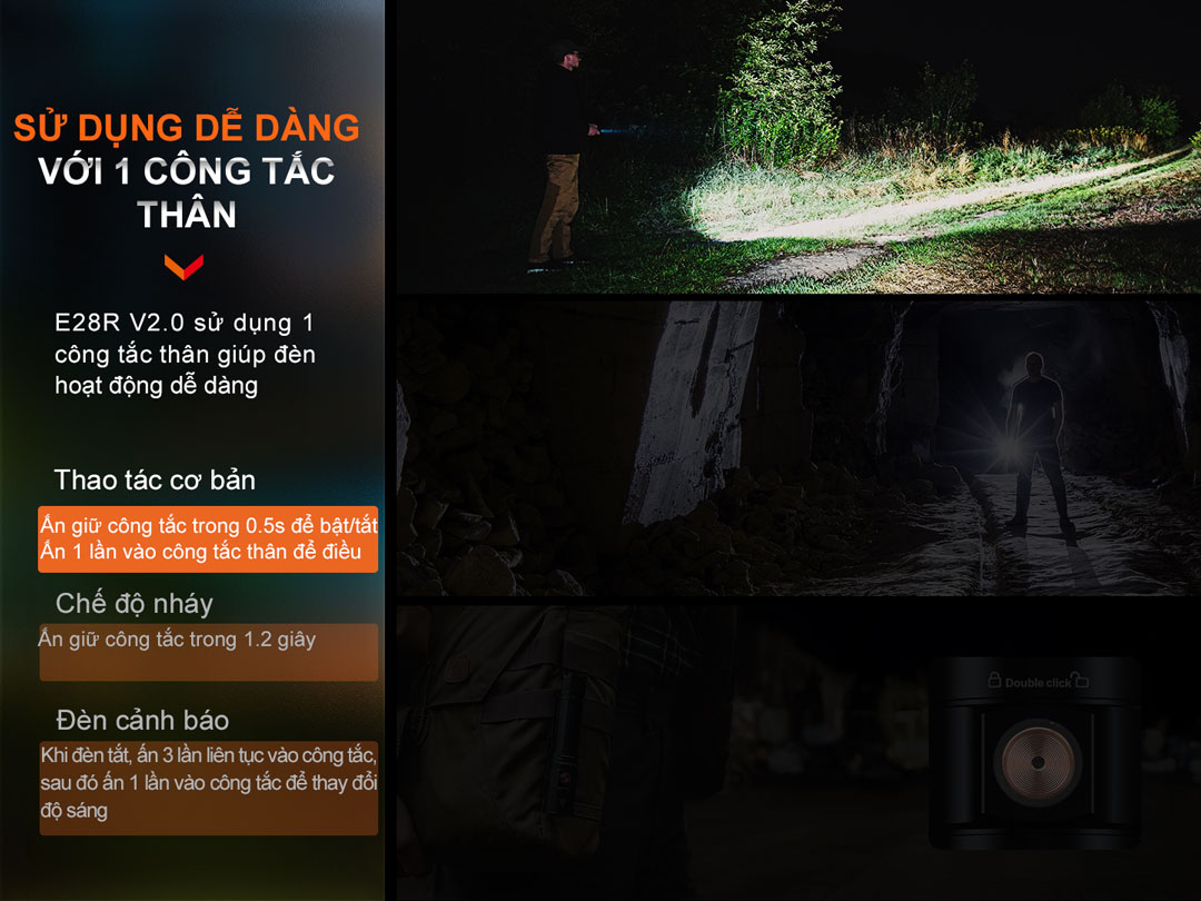 Đèn pin FENIX E28R V2.0 trang bị 1 công tắc trên thân dễ dàng sử dụng và thao tác