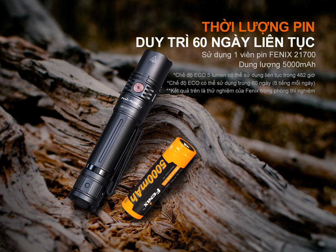 Đèn pin FENIX PD36R v2.0 sử dụng pin sạc dung lượng cao 5000mAh và duy trì liên tục tới 60 ngày