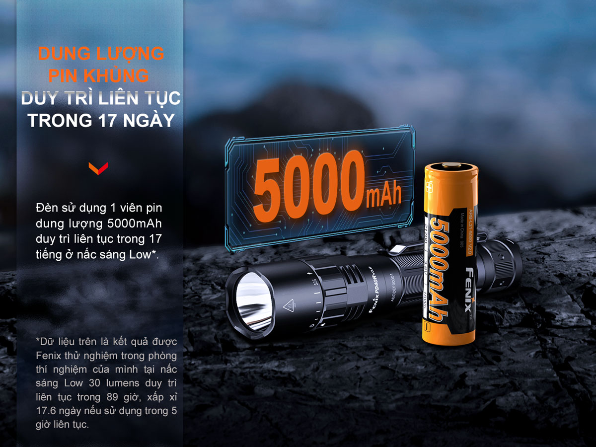 Đèn pin FENIX PD40R V3.0 sử dụng pin sạc 21700 dung lượng 5000mAh và thời gian trụ đèn lên đến 17 tiếng ở mức sáng thấp