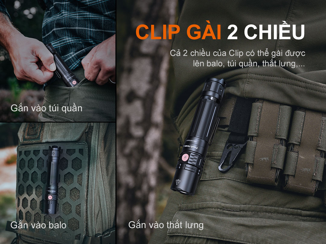 Đèn pin FENIX PD36R v2.0 sử dụng clip gài 2 chiều chắc chắn
