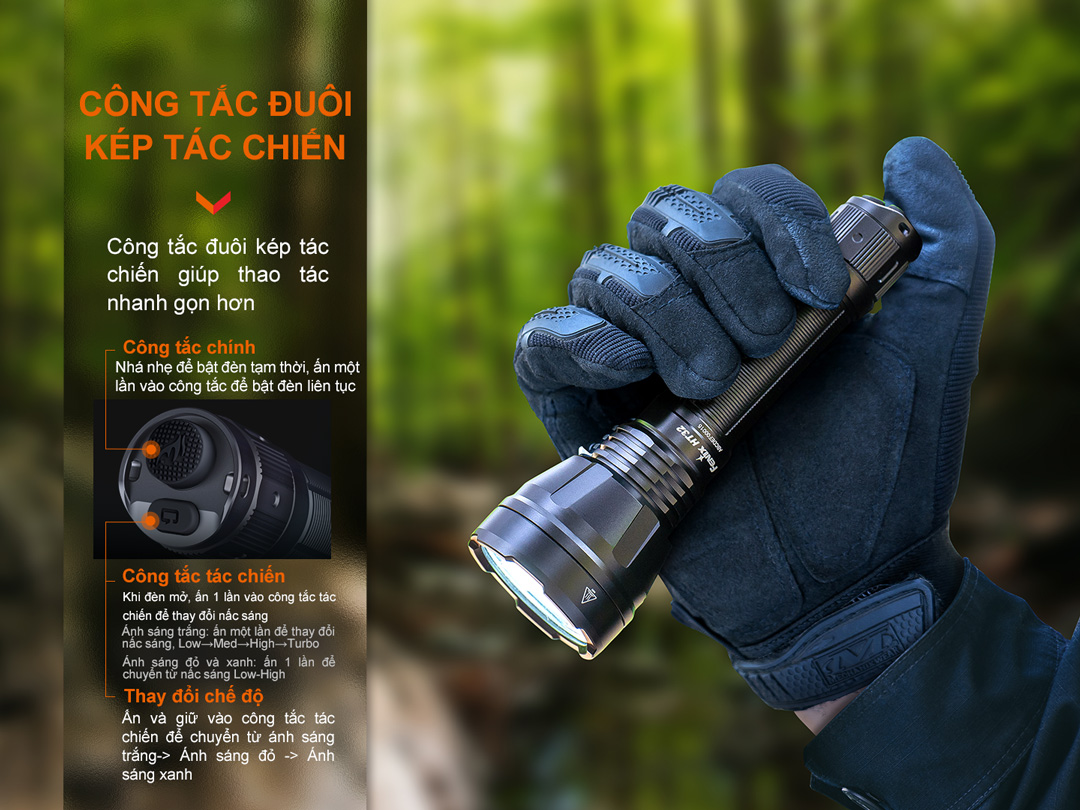 Đèn pin phản ứng nhanh FENIX HT32 được trang bị công tắc kép tác chiến, thao tác dễ dàng, nhanh gọn hơn