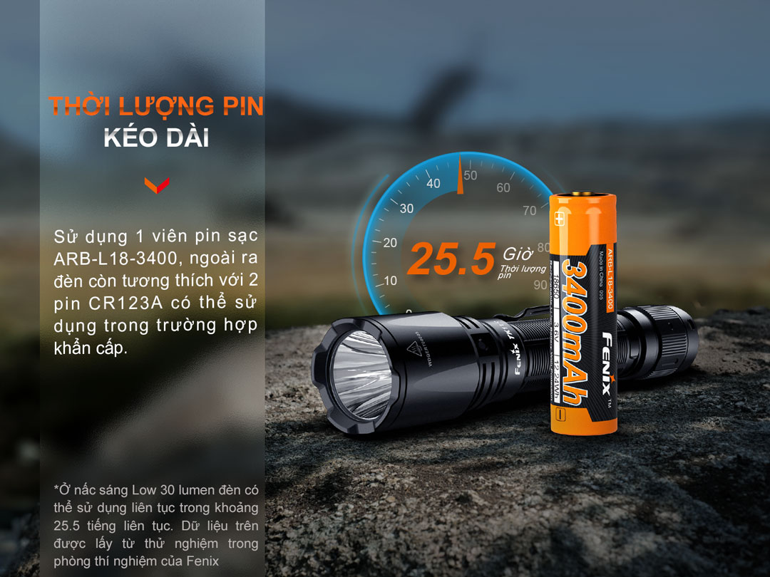 Đèn pin FENIX TK11R sử dụng pin dung lượng 3400mAh