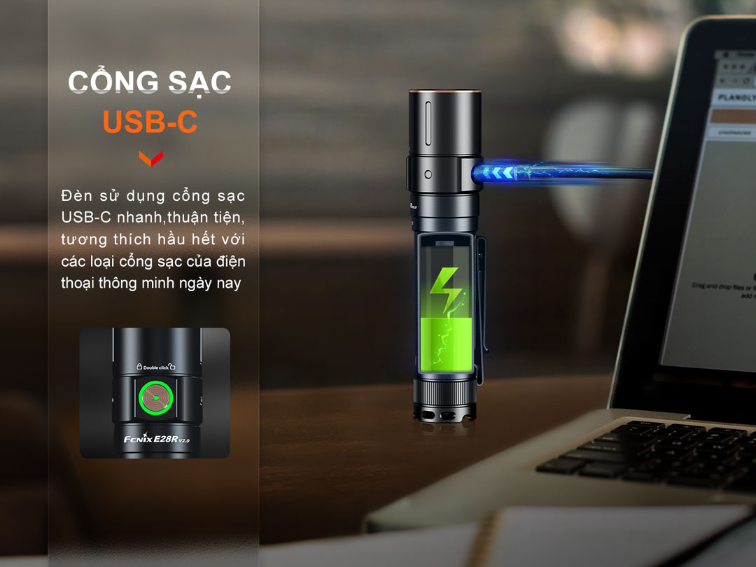 Đèn pin FENIX E28R V2.0 sử dụng cổng sạc USB và trên nút bấm có LED báo dung lượng pin còn lại của đèn