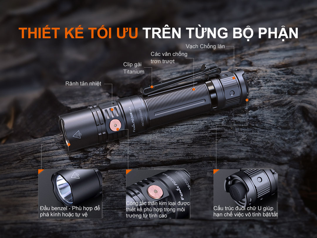 Đèn pin FENIX PD36R v2.0 được thiết kế tối ưu từng bộ phận.