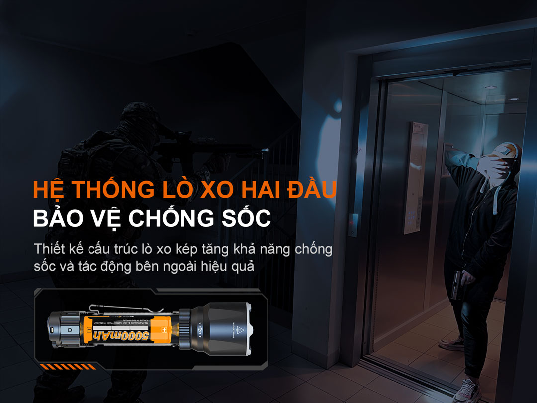 trang bị lò xo đôi, tăng tiếp xúc của pin và đèn