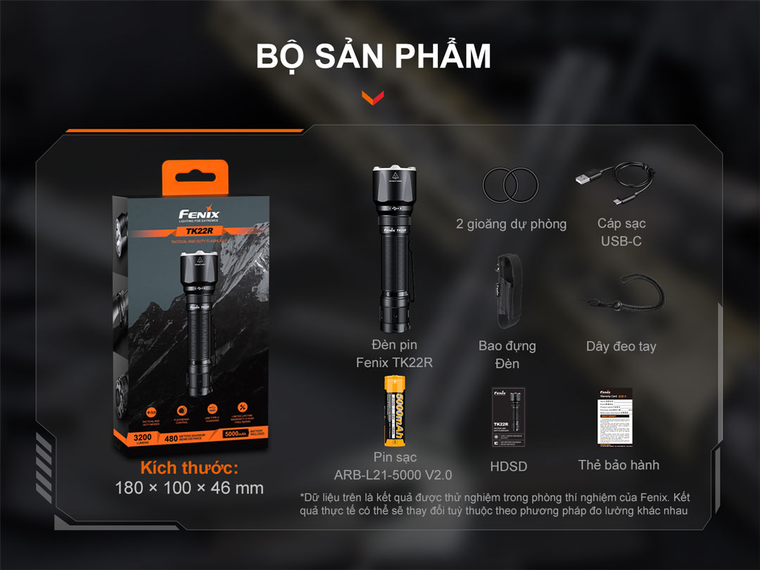 Hình ảnh bộ sản phẩm của đèn pin chiến thuật FENIX TK22R