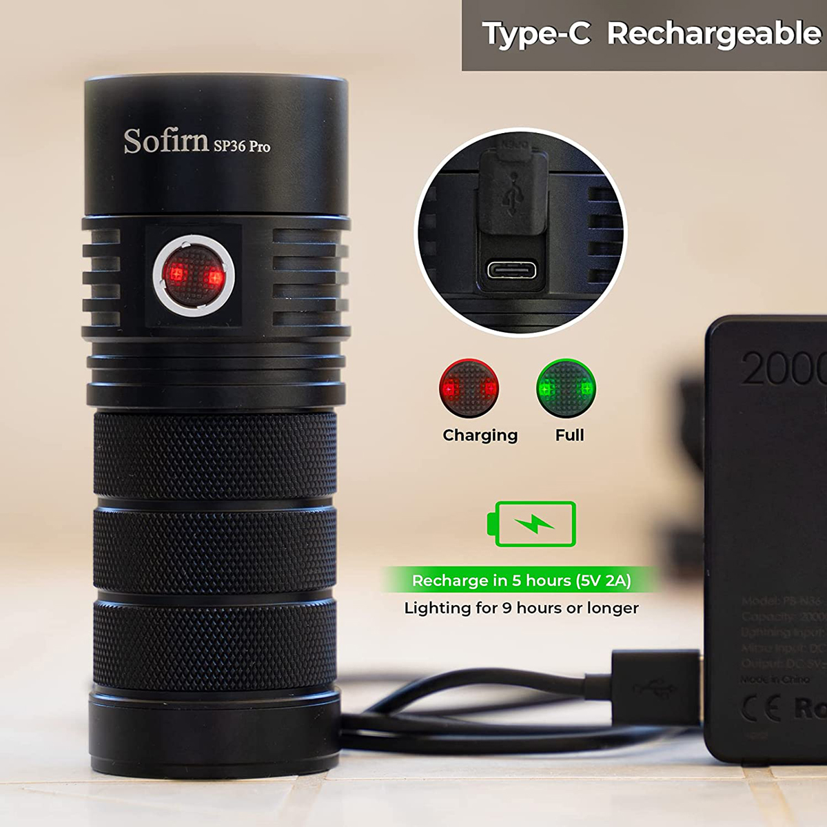 Đèn pin siêu sáng SOFIRN SP36 PRO 8000 lumen chiếu xa 450m sử dụng sạc usb-c