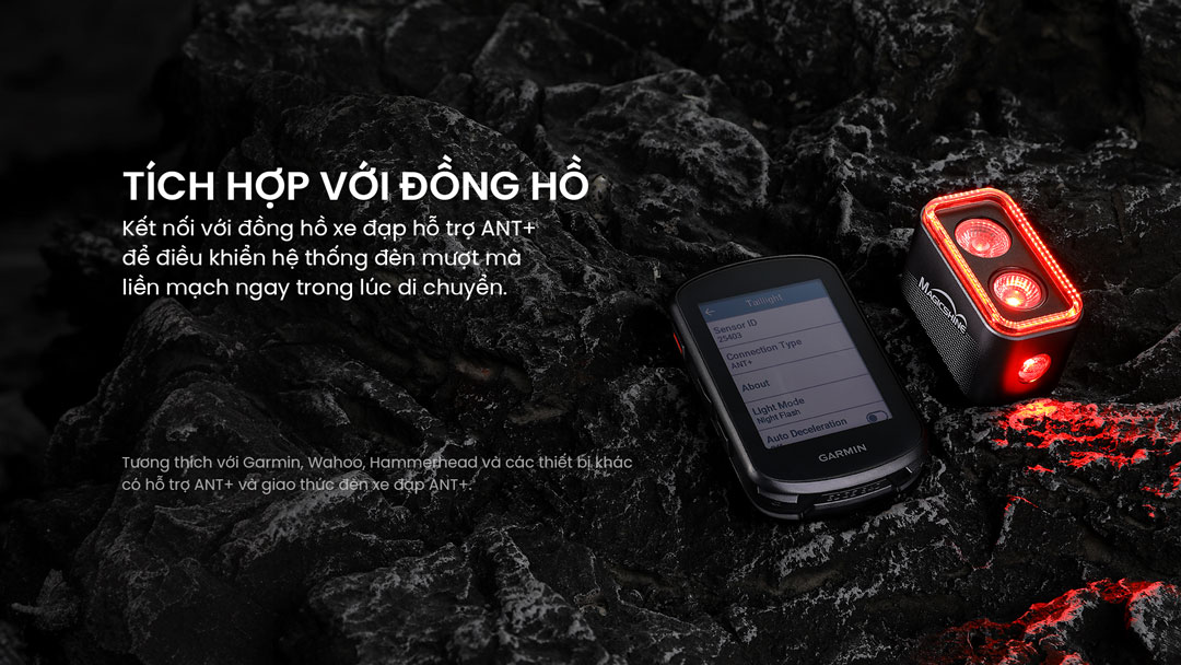Đèn hậu Magicshine SEEMEE 400 tương thích với đồng hồ Garmin, Wahoo, Hammerhead qua ANT+, cho phép điều khiển liền mạch khi di chuyển.