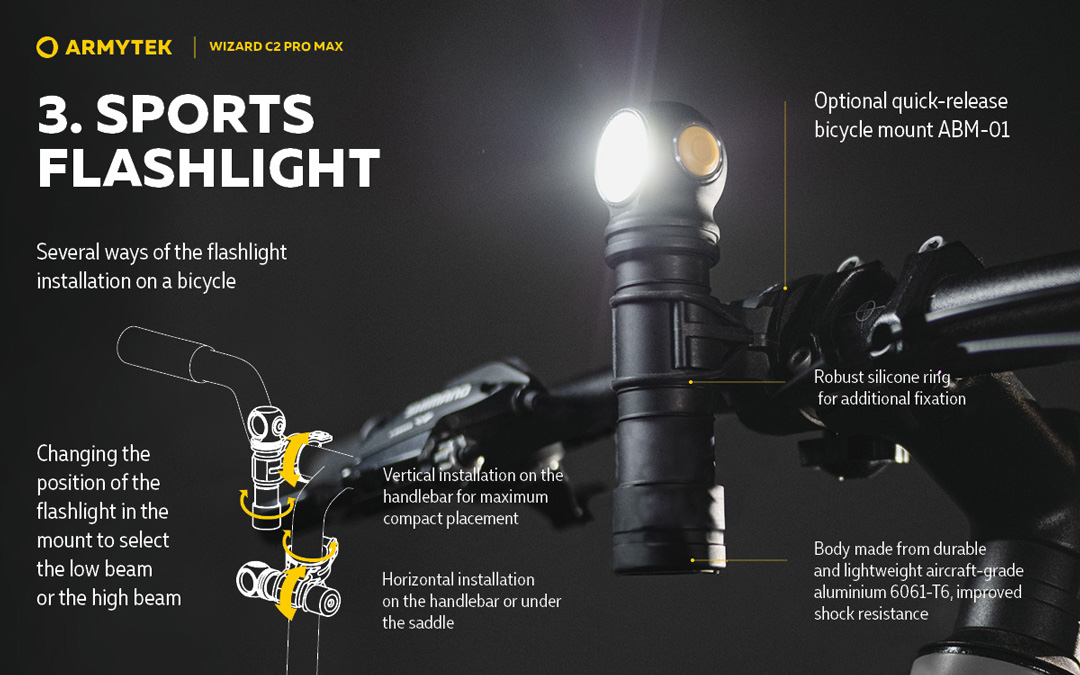 Đèn pin đội đầu ARMYTEK WIZARD C2 PRO MAX thích hơp với gá xe abm-01