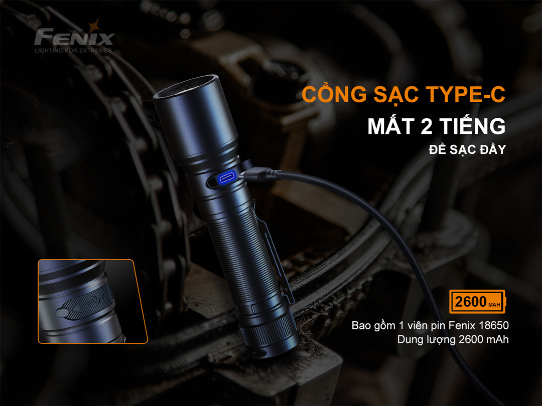 Đèn pin FENIX C6 v3.0 sử dụng cổng sạc type-c