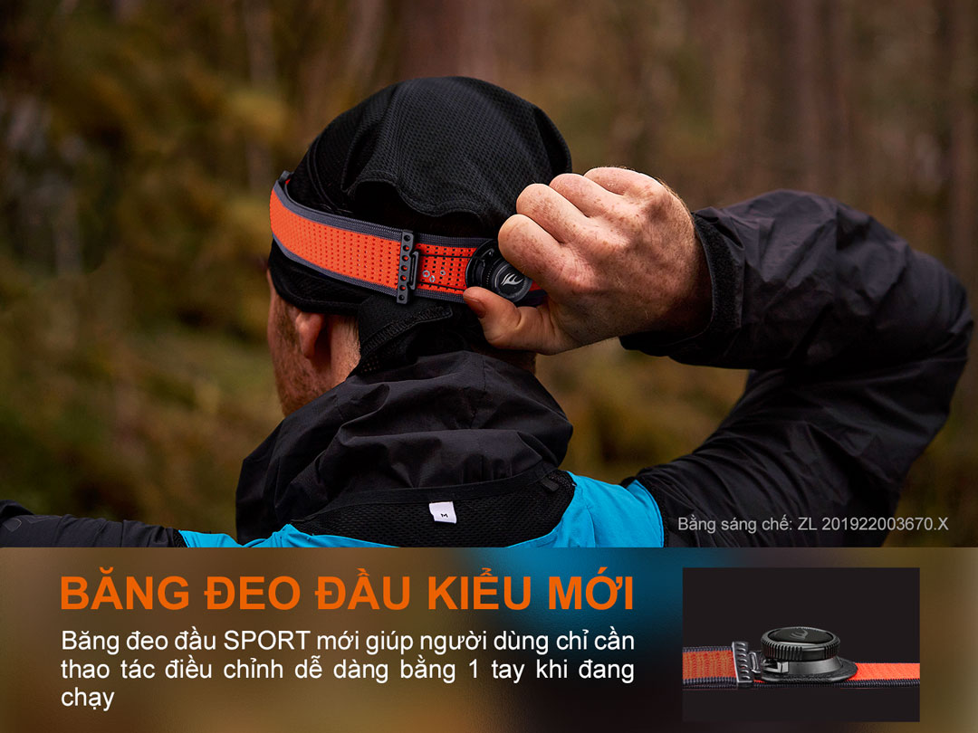 Đèn pin đội đầu FENIX HM65R-DT sử dụng băng đô thể thao thoáng khí nhiều lỗ, ngoài ra đèn được trang bị 1 núm xoay để điều chỉnh băng đô