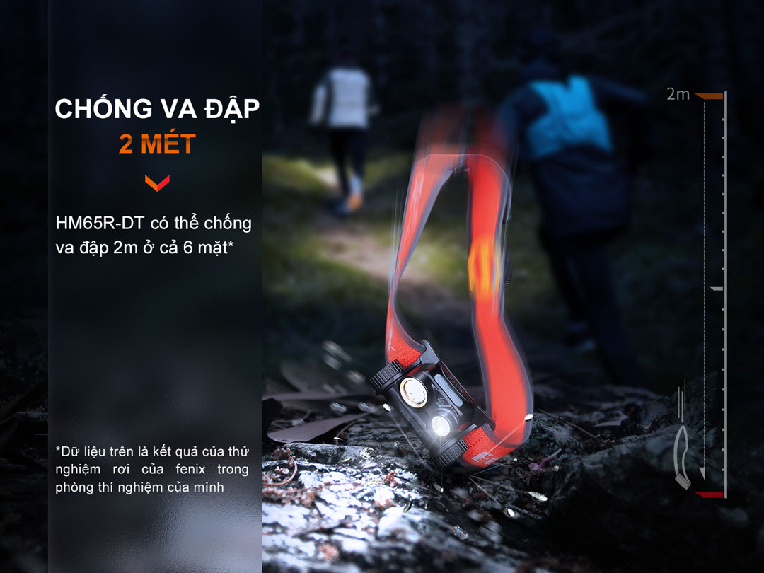 Đèn pin đội đầu FENIX HM65R-DT với độ bển bỉ vậy đèn có thể chống va đập ở độ cao 2m trong cả 6 mặt mà vấn sử dụng bình thường
