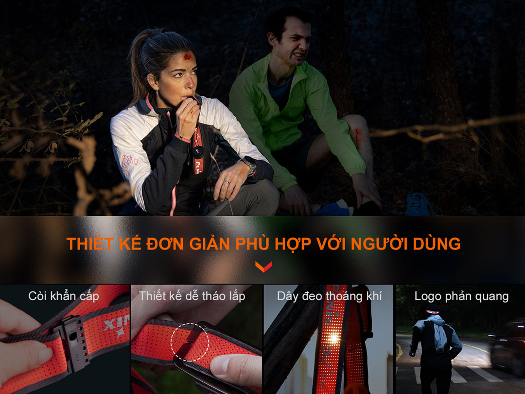 Dây đeo đầu thết kế thông minh, kèm theo còi báo để dùng trong những trường hợp khẩn cấp