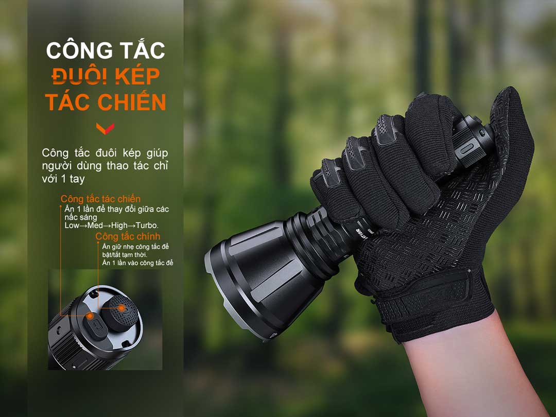 Đèn pin chiếu xa FENIX HT18R sử dụng công tắc kép tác chiến 