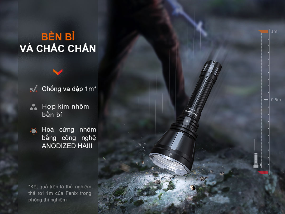 Đèn pin chiếu xa FENIX HT18R bền bỉ và chắc chắn chống va đập 1m