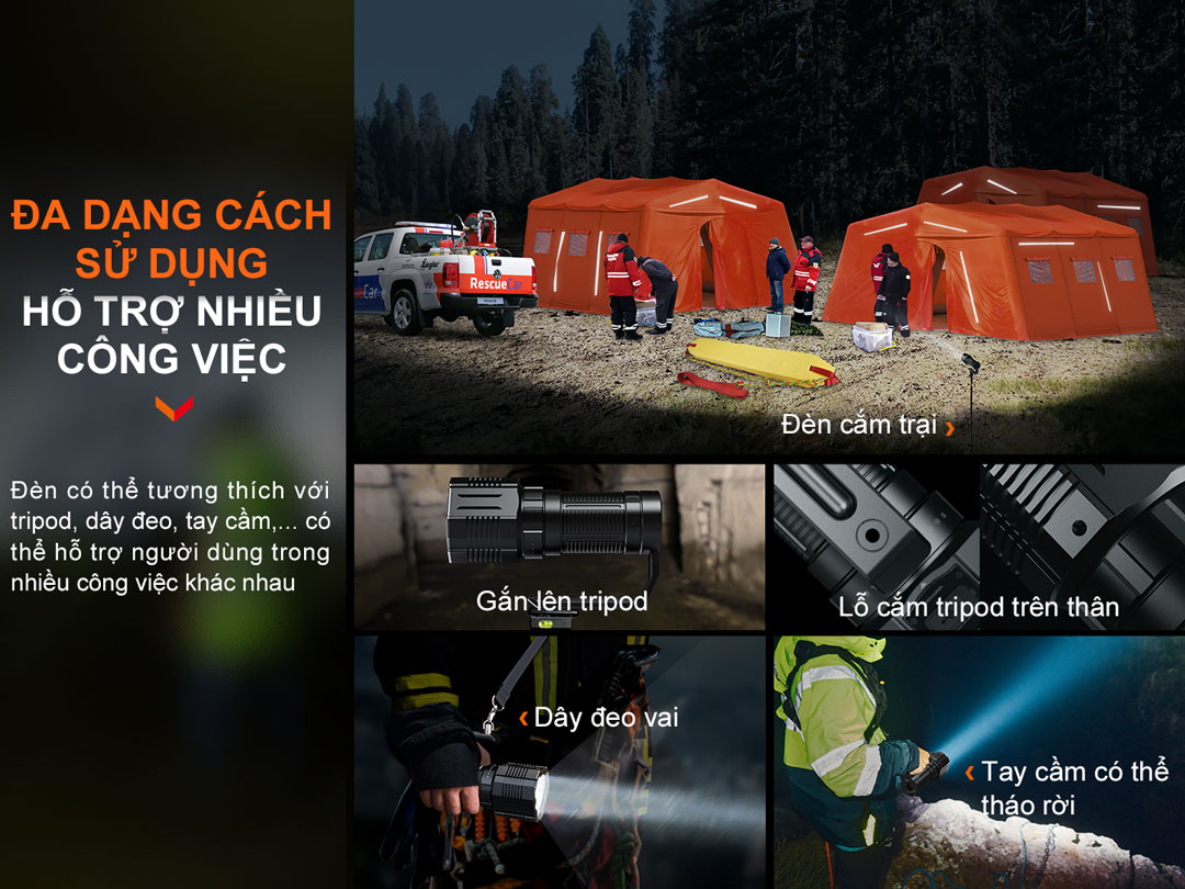 Đèn pin tìm kiếm cứu nạn FENIX LR60R với nhiều cách sử dụng.
