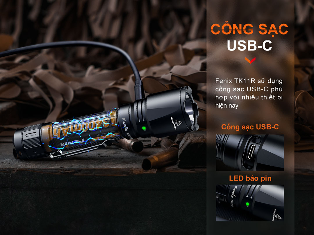 Đèn pin FENIX TK11R sử dụng cổng sạc USB-C