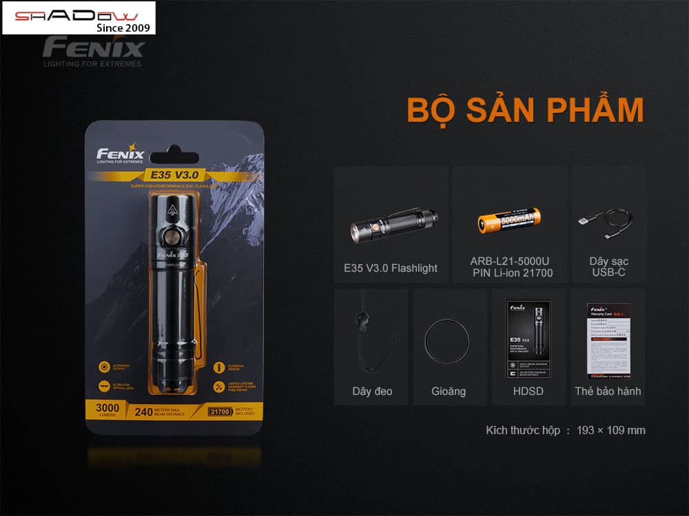 Bộ sản phẩm đèn pin siêu sáng 5 chế độ Fenix E35 V3