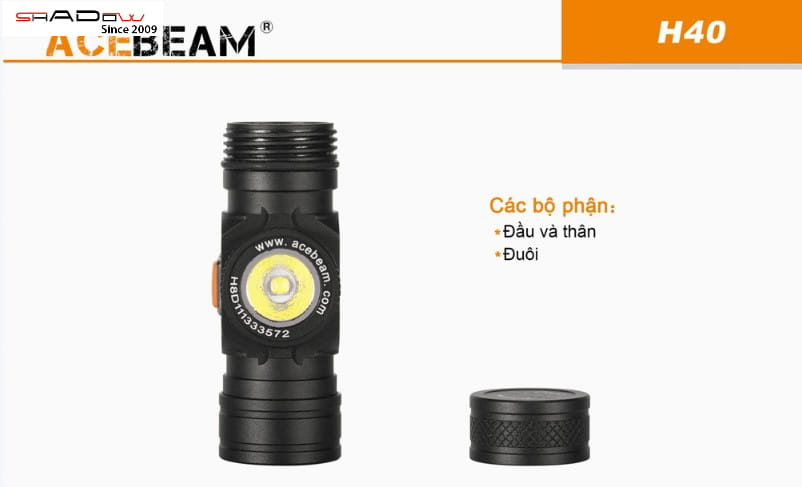 Đầu, thân và đuôi của đèn pin đội đầu nhỏ gọn ACEBEAM H40