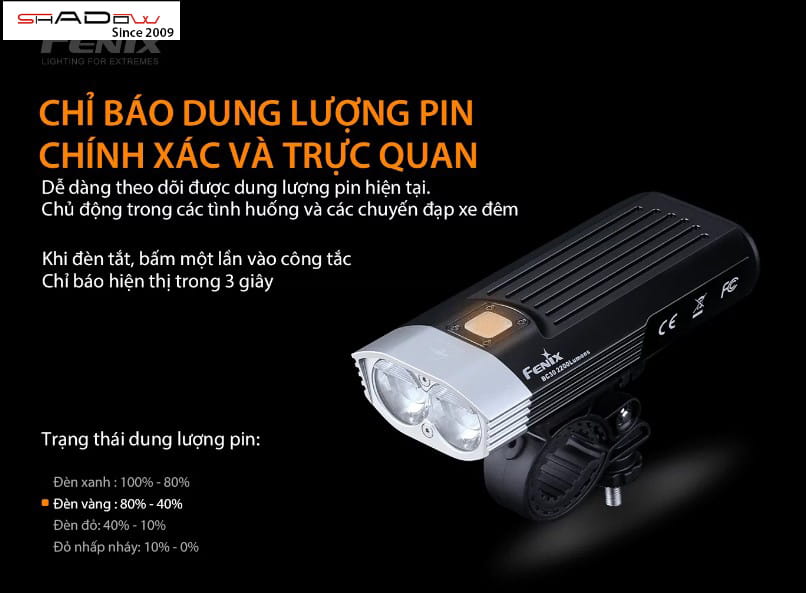 đèn Fenix BC30 v2 chỉ báo dung lượng pin trực quan