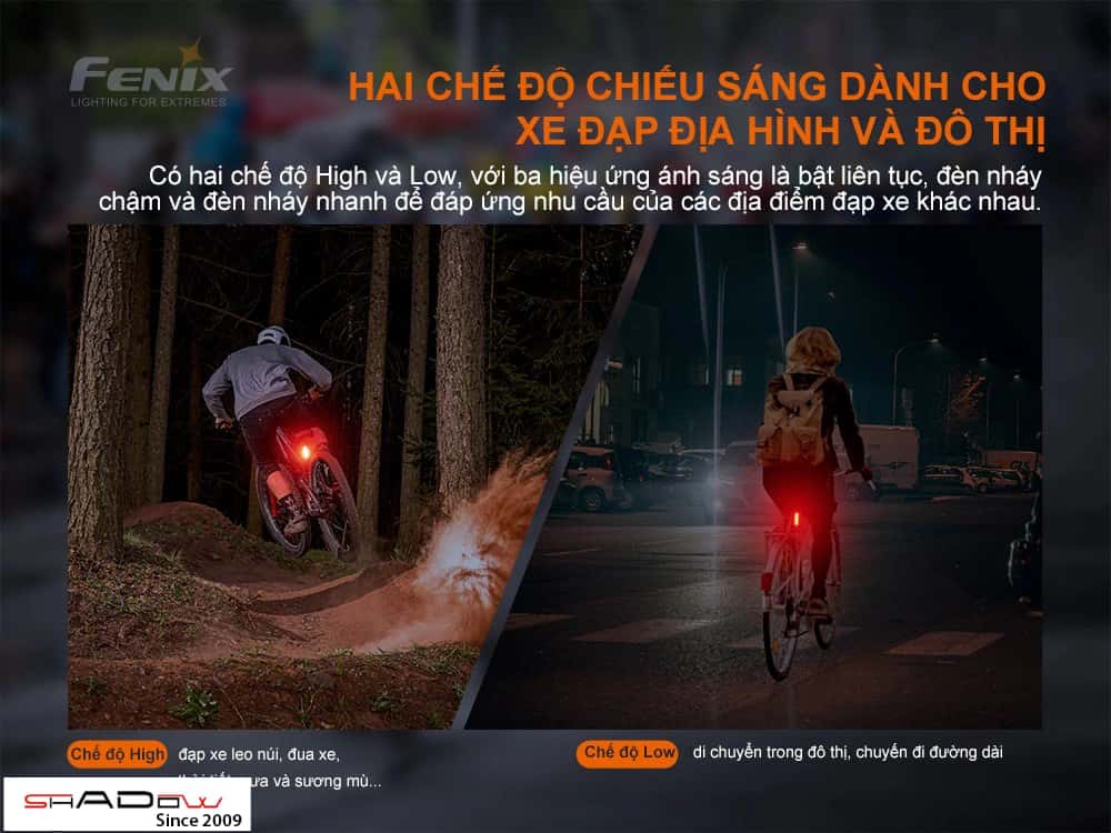Đèn hậu xe đạp dùng pin Fenix BC05R V2 có 2 chế độ chiếu sáng