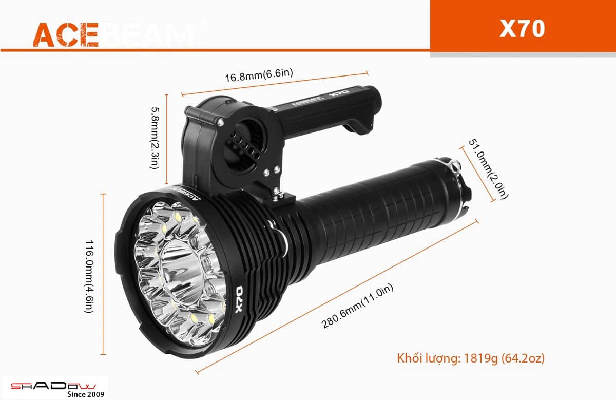 đèn pin acebeam x70 có khối lượng 1819g